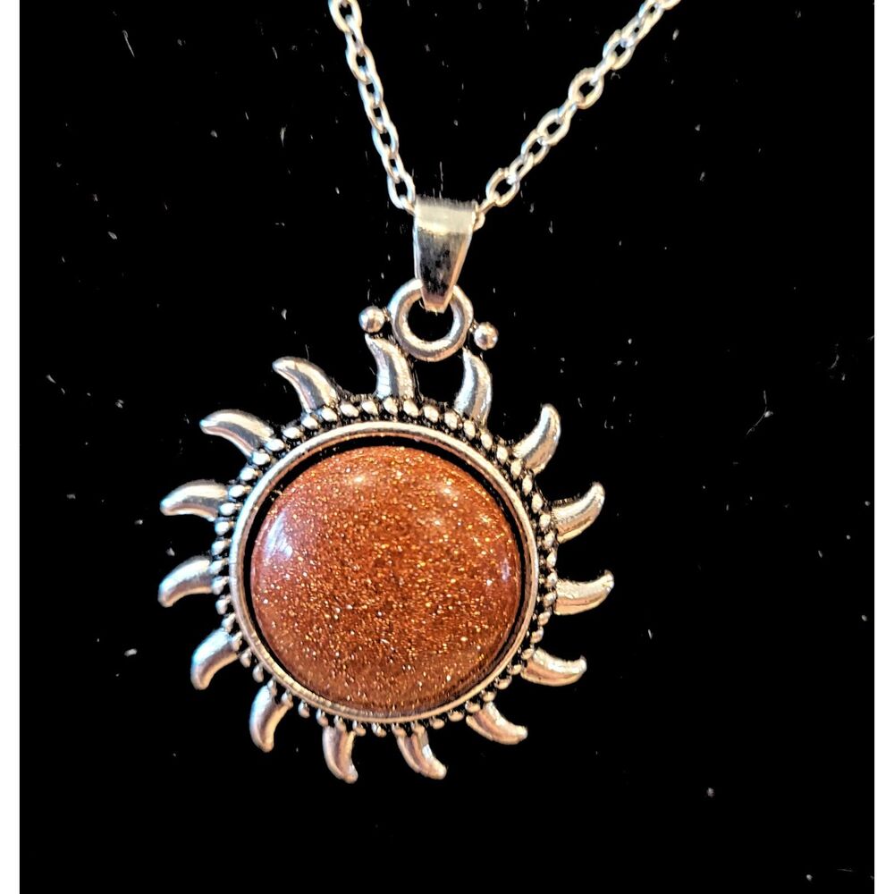16" Silver Fine Chain with Solar Brownstone Sun Alloy Necklace extender 3"